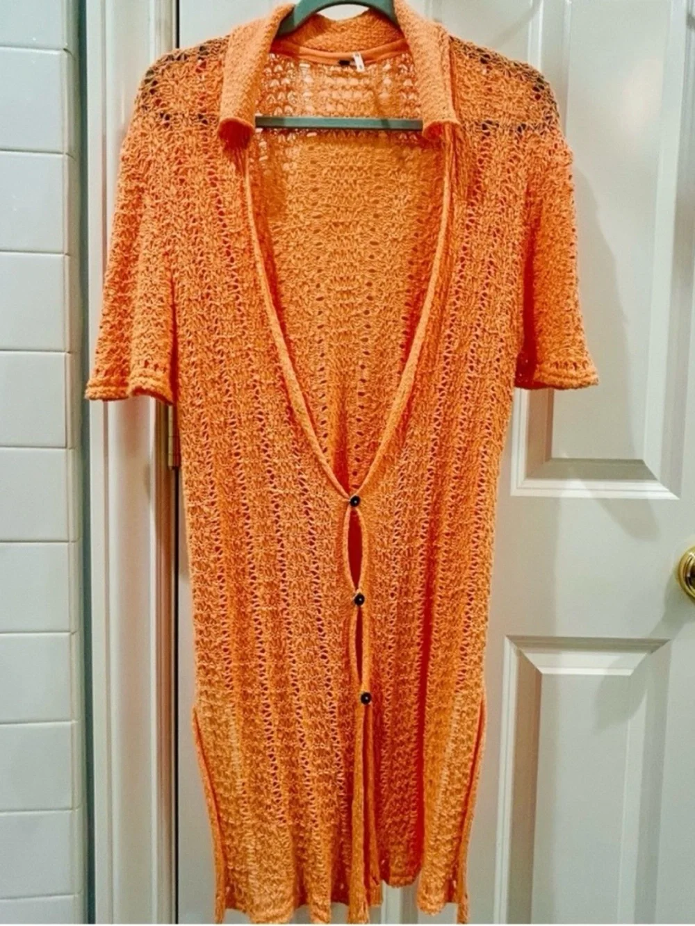 Free People Crochet Knit Sheer Boho Cardigan Swim Beach Cover-Up – Apricot – M